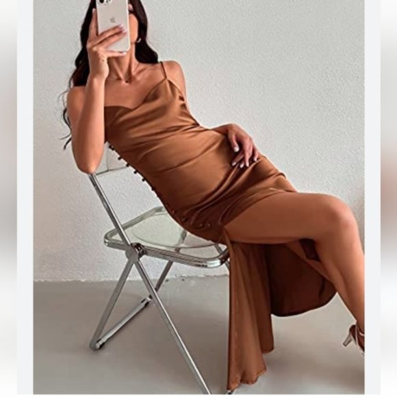 Dark Brown Satin Cowl Neck Midi Slip Dress - Picture 1 of 8